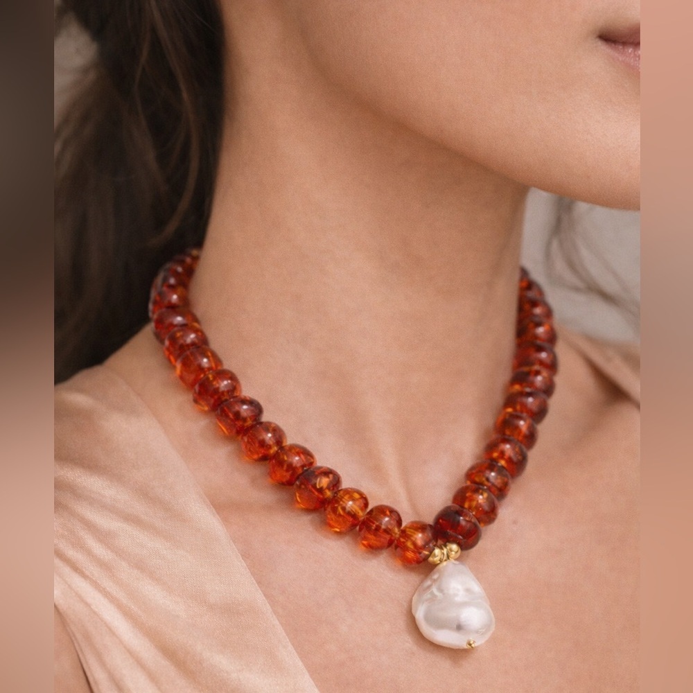 Amber Bead Necklace with Pearl Pendant